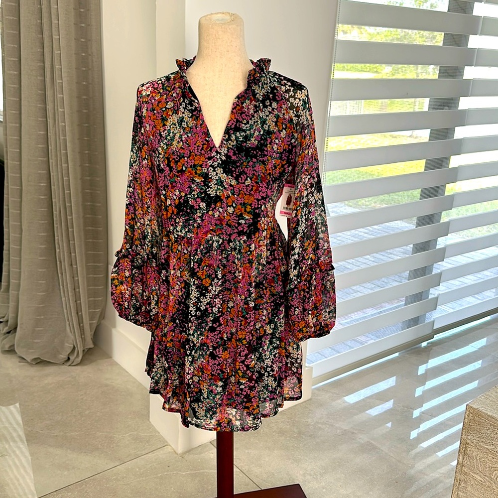 Vince Camuto Black Floral Ruffled Mini Dress
